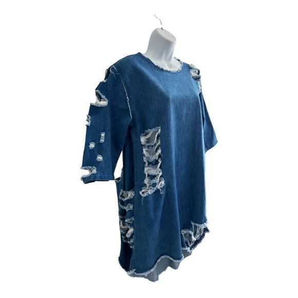 FASHION NOVA Distressed Hi-lo Denim Dress Size L. - Picture 2 of 7